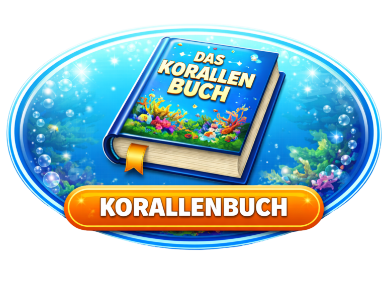 Blaues Buch mit dem Titel "Das Korallenbuch" und bunten Korallen im Hintergrund.