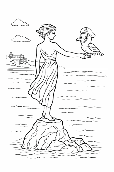 Das Mädchen mit der Möwe - mit Kapitän Möwe (Opatija) Mädchen in einem Kleid steht auf einem Felsen und hält einen Vogel in der Hand.
